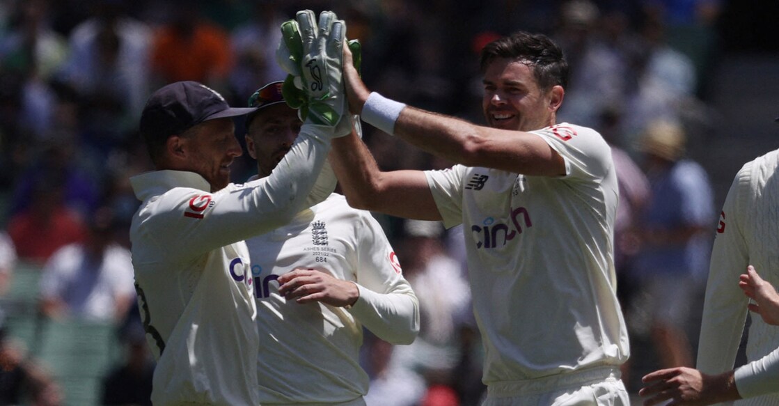 England's James Anderson celebrates the fall of an Australian batter. Photo: Reuters/Loren Elliott