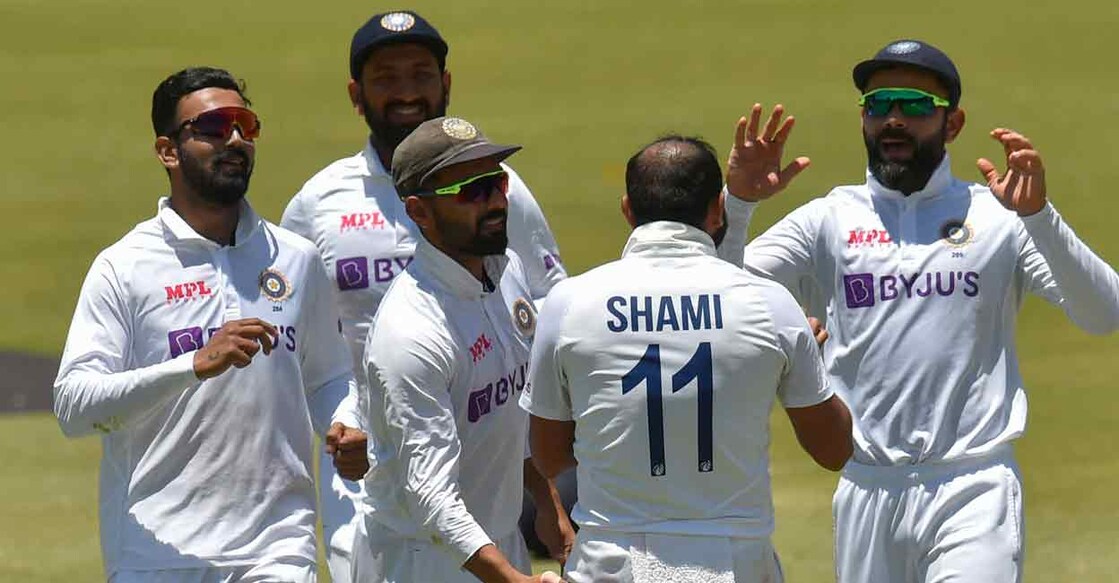 India's Mohammed Shami celebrates with teammates after the dismissal of South Africa's Wiaan Mulder during the fifth day of the first Test in Centurion on Thursday. Photo: AFP