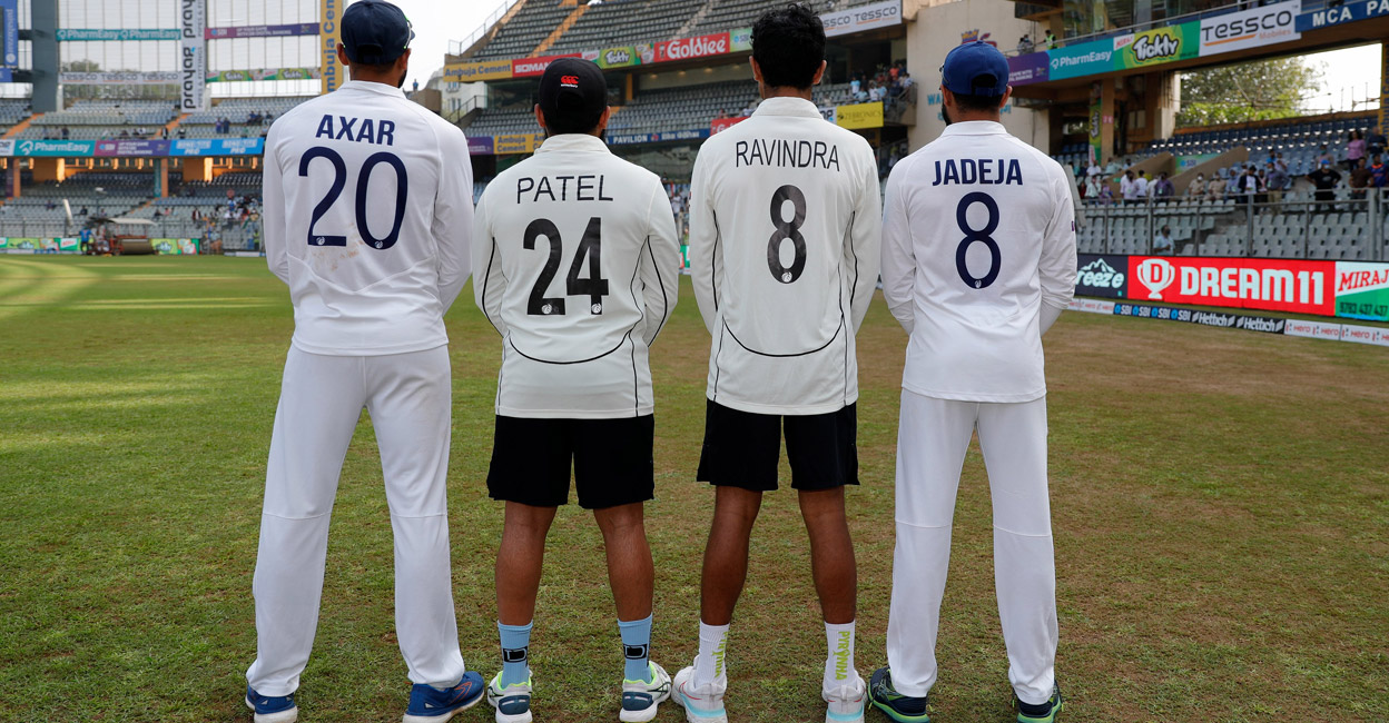 Patels & Ravindras - divided by teams, united by names Axar Patel, Ajaz Patel, Rachin Ravindra and Ravindra Jadeja pose after the Test. Photo: Twitter/BCCI