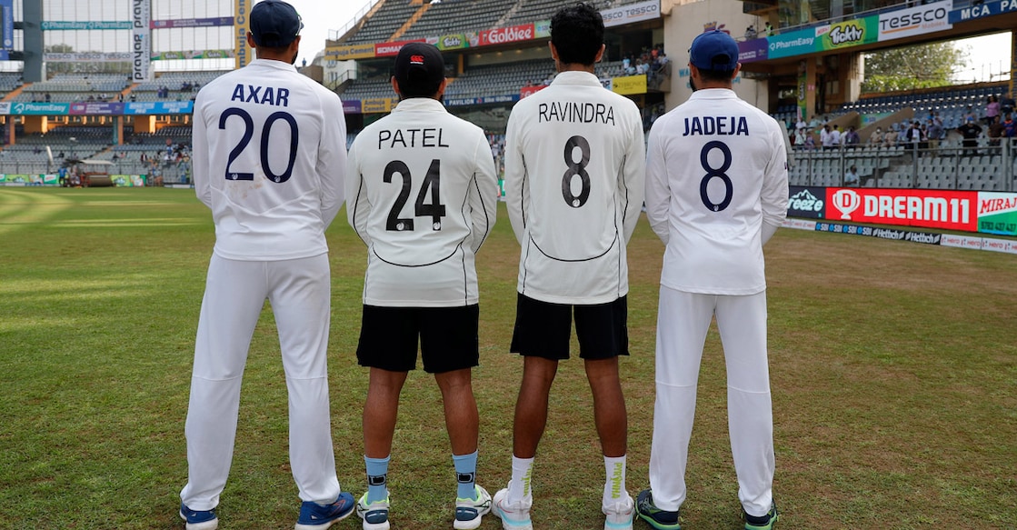 Axar Patel, Ajaz Patel, Rachin Ravindra and Ravindra Jadeja pose after the Test. Photo: Twitter/BCCI