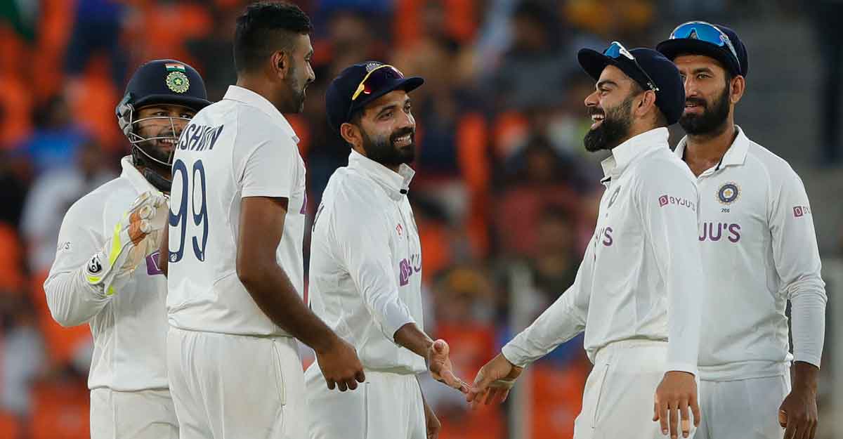 Indian players celebrate the fall of an England wicket in the second Test. Photo: Twitter/BCCI