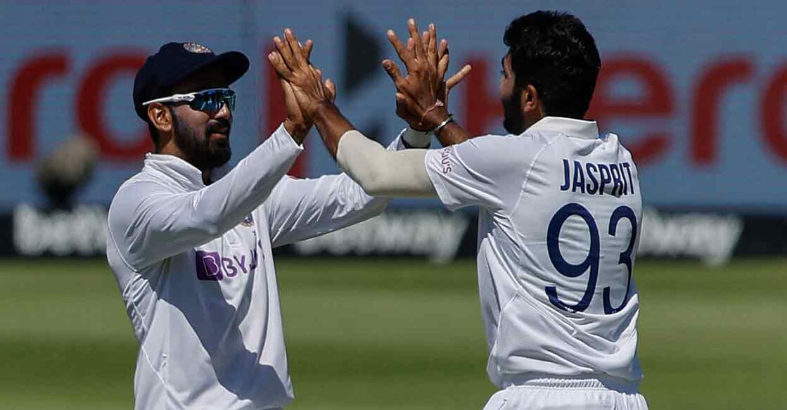 India's Jasprit Bumrah (right) celebrates the dismissal of South Africa's Aiden Markram during the second day of the third Test at Newlands stadium in Cape Town on Wednesday. Photo: AFP