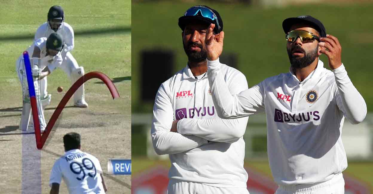 DRS row L-r: A screengrab of the review. India's captain Virat Kohli and Cheteshwar Pujara react to a decision. Photo: Reuters