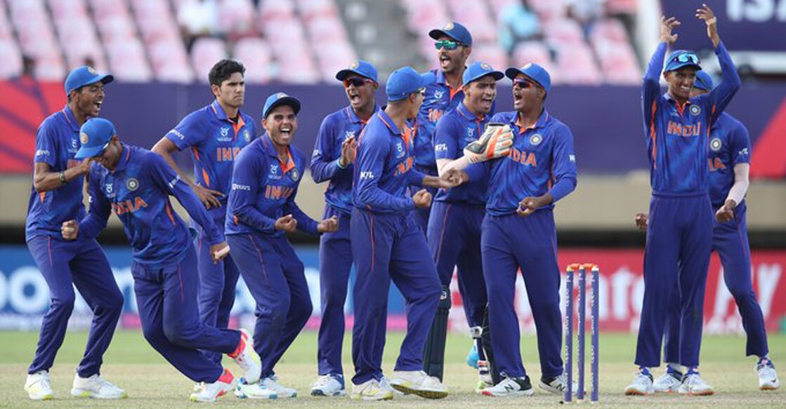 The Indian players celebrate the fall of a South African batter. Photo: ICC