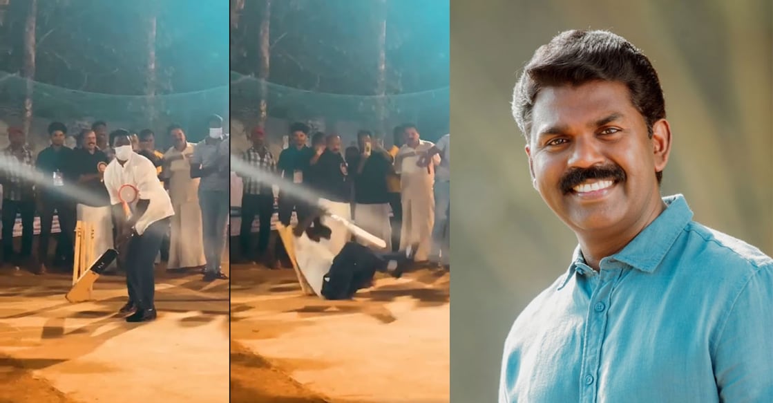 Sreenijan MLA getting hit wicket goes viral | Video (L) Screengrab from the video posted by PV Sreenijan, (R) Sreenijan