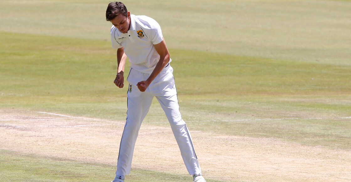 Marco Jansen celebrates the wicket of Ajinkya Rahane in the Cenutrion Test. Photo: Reuters/Rogan Ward