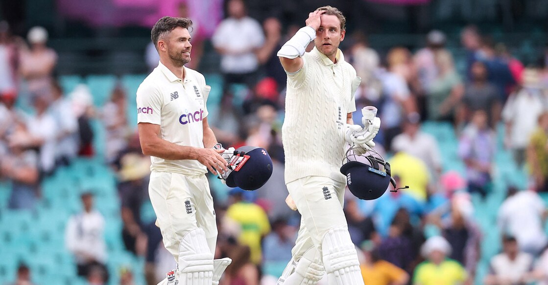 The last-wicket pair of James Anderson and Stuart Broad played out two overs. Photo: AFP/David Gray