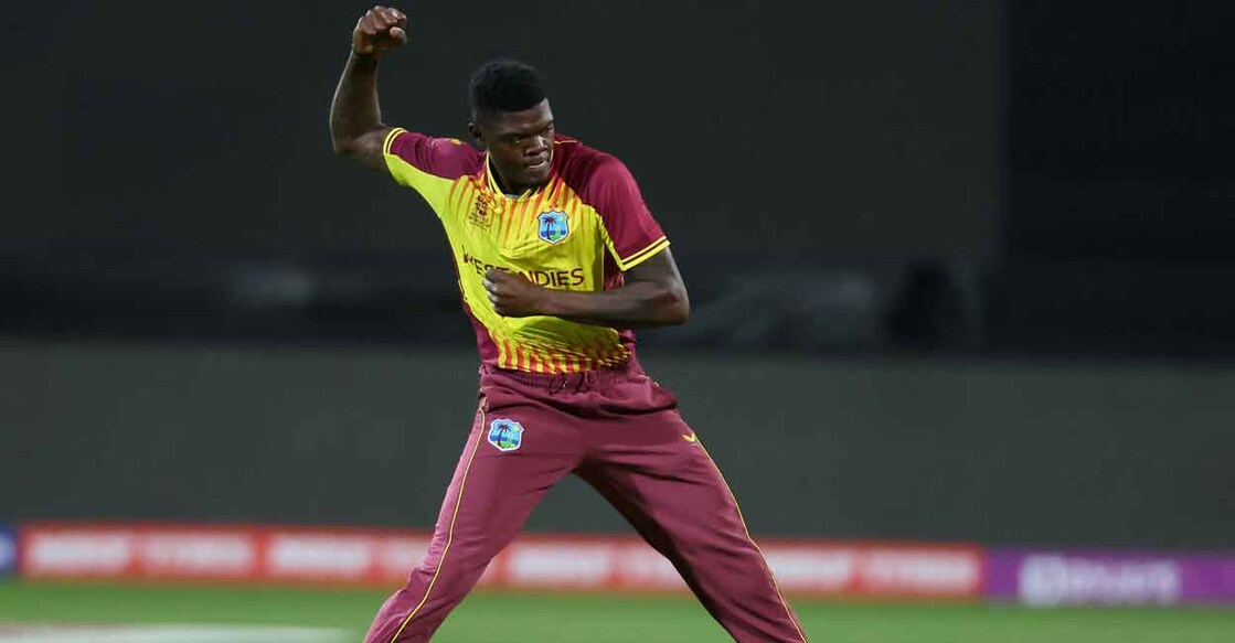  Alzarri Joseph celebrates one of his four wickets. Photo: AFP/David Gray