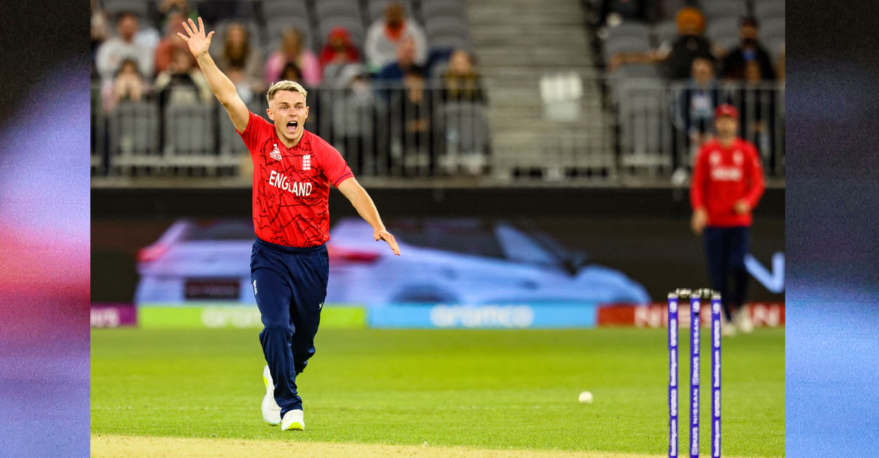 Sam Curran of England appeals during the Twenty20 World Cup match against Afghanistan at Perth Stadium on Saturday. Photo: AFP/ Trevor Collens