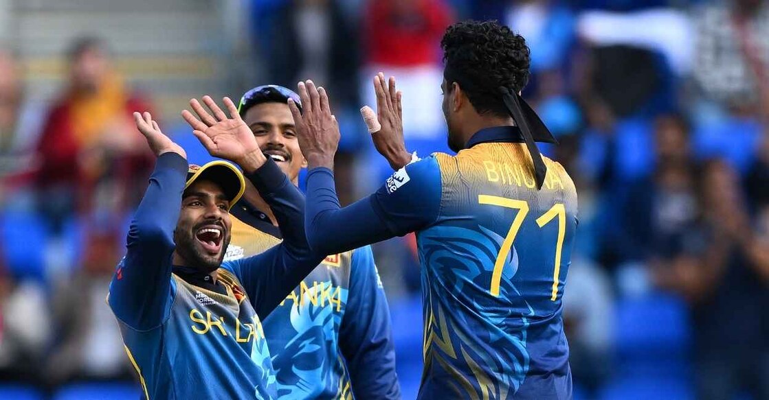 Sri Lankan players celebrate their win over Ireland. Photo: ICC T20 World Cup/Twitter