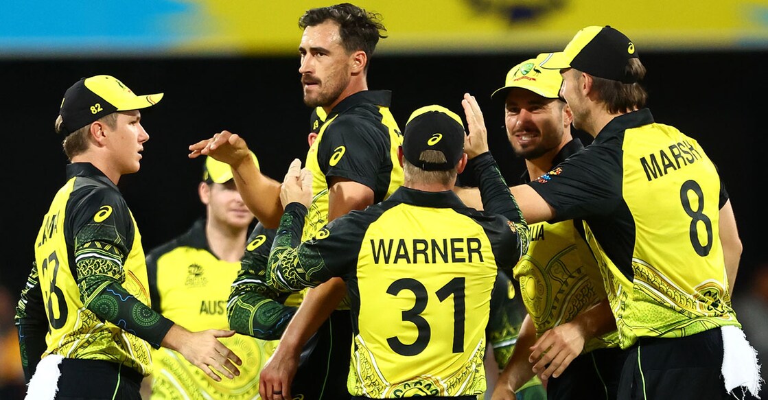 Australia players celebrate an Ireland wicket during their T20 World Cup match in Brisbane. Photo: Twitter/ @ICC