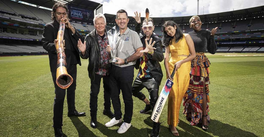 Former Australian captain Ricky Ponting poses with the ICC World Cup trophy and musicians Iva Davies, Thando Sikwila, Janaki Easwar, second right, and Mitch Tambo. File photo: IANS