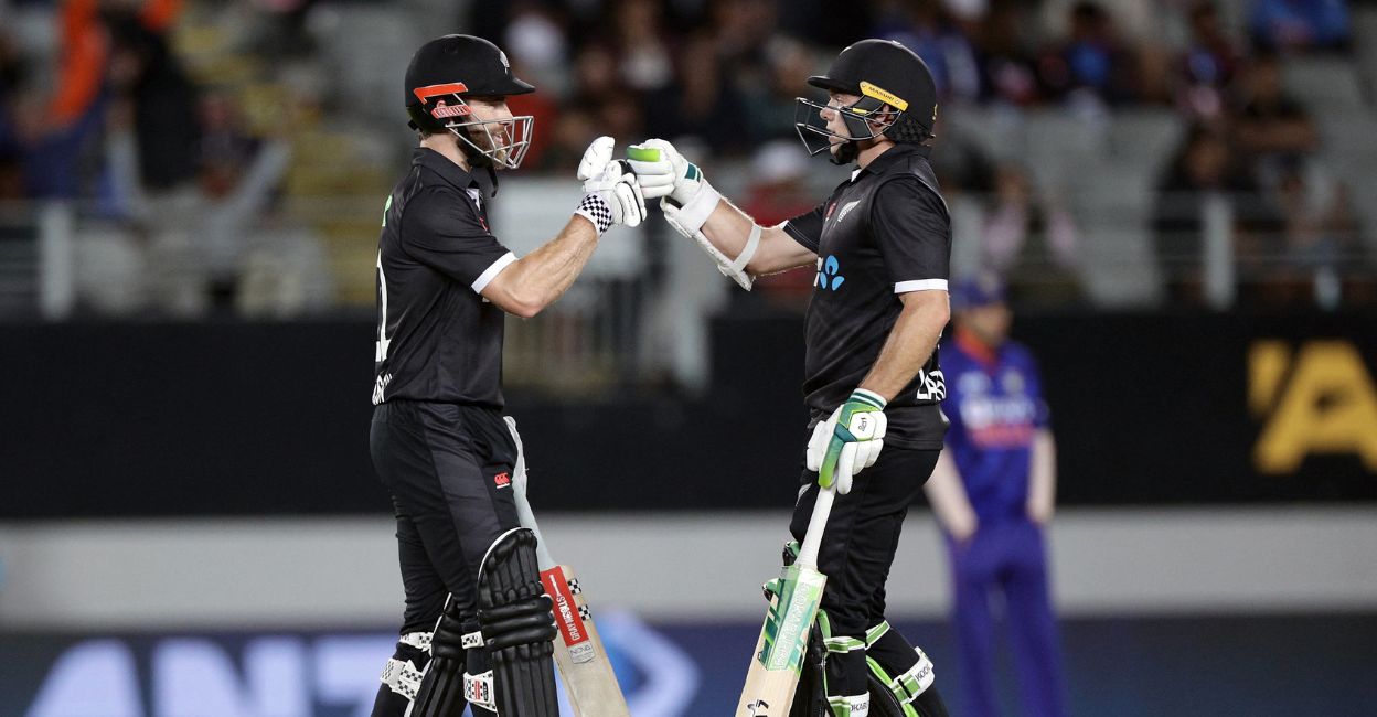 New Zealand's captain Kane Williamson (L) and Tom Latham celebrate during the first one-day international cricket match between New Zealand and India at Eden Park in Auckland on November 25, 2022. Photo:
David Rowland/AFP