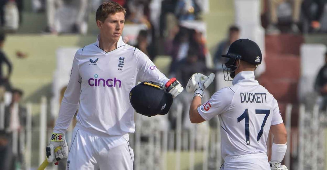 Zak Crawley Zak Crawley celebrates with Ben Duckett after scoring a century. Photo: Reuters/Tanveer Shahzad