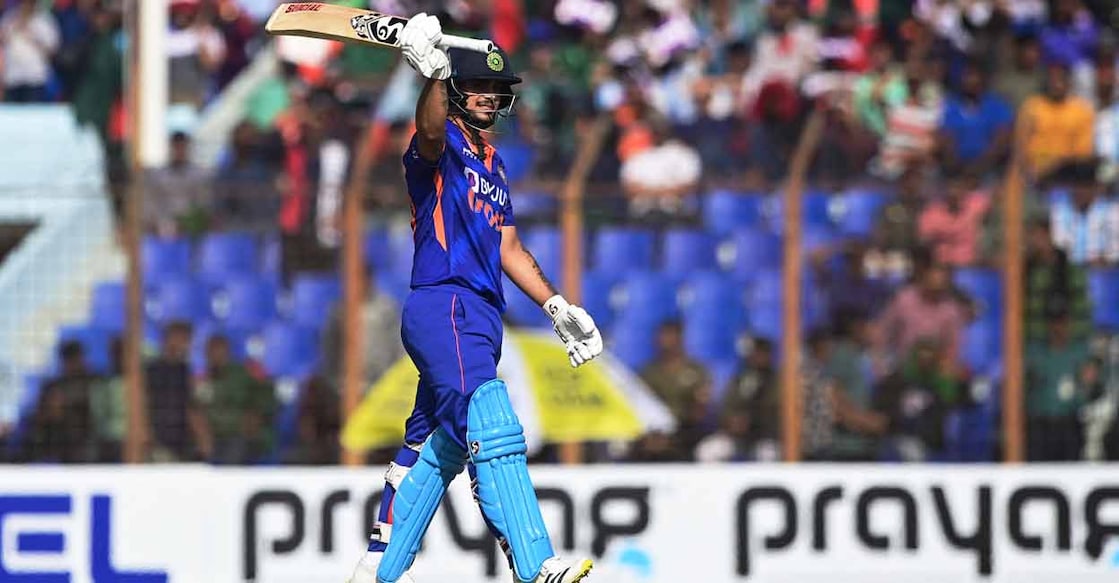 India's Ishan Kishan (C) gestures as he scores a century. Photo: Munir uz ZAMAN / AFP