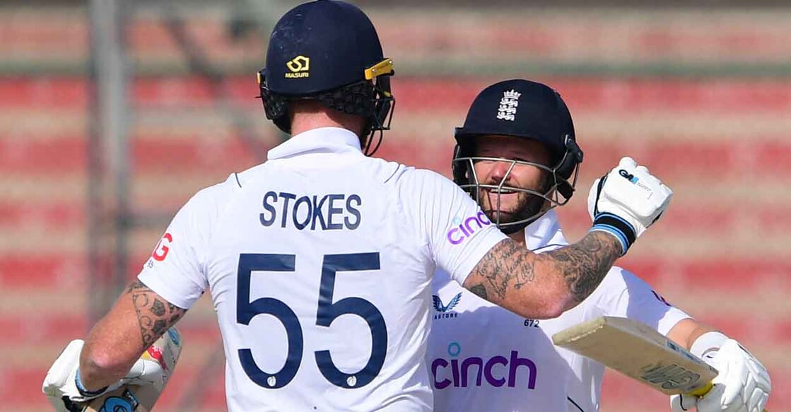 England captain Ben Stokes and Ben Duckett celebrate their win in the Karachi Test. Photo: AFP/Asif Hassan