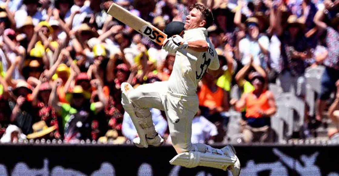 David Warner celebrates his ton. Photo: Twitter@ICC