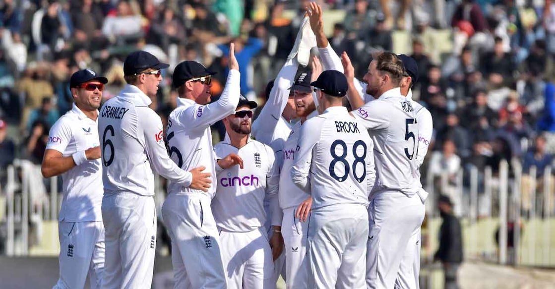 England players celebrate the dismissal of Pakistan's Saud Shakeel. Photo: Reuters/Tanveer Shahzad