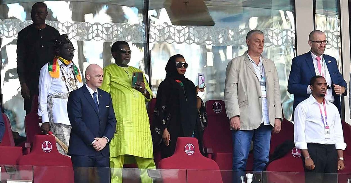 Samuel Eto'o, bottom right, in the stands before the Cameroon-Serbia match . File photo: Reuters/Jennifer Lorenzini/