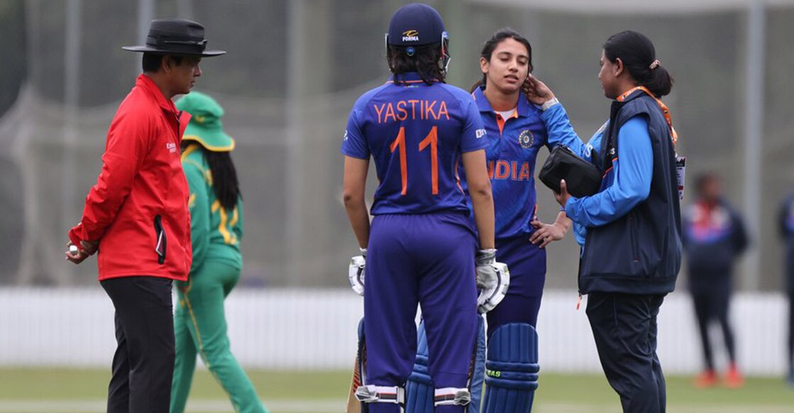 Smriti Mandhana being attended to by the Indian physio. Photo: Twitter/ICC