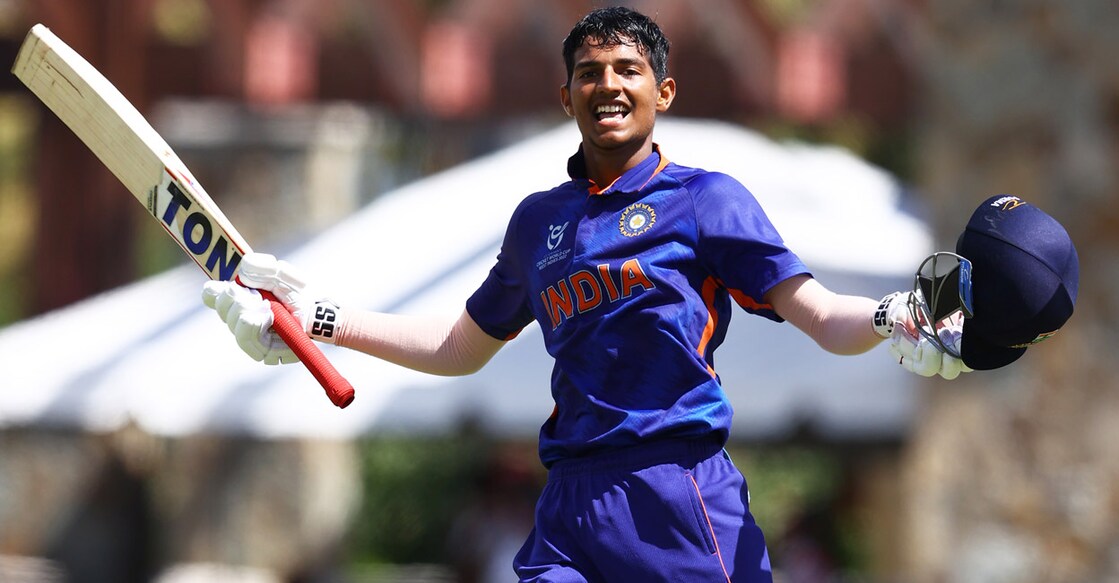 Yash Dhull celebrates his hundred. Photo: Twitter/BCCI