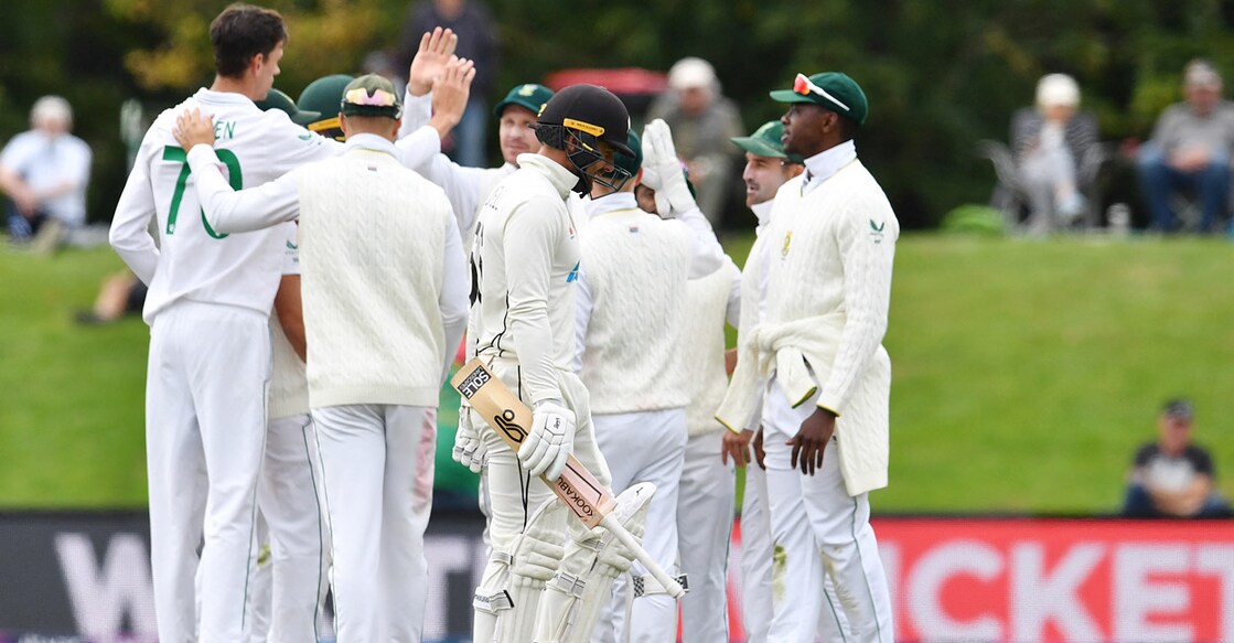 New Zealand's Tom Blundell walks back after being dismissed by Marco Jansen. Photo: AFP/Sanka Vidanagama