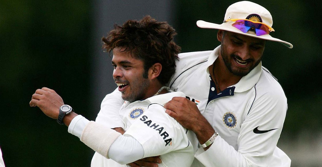 S Sreesanth and Harbhajan Singh share a happy moment in India colours. File photo: AFP/Alexander Joe