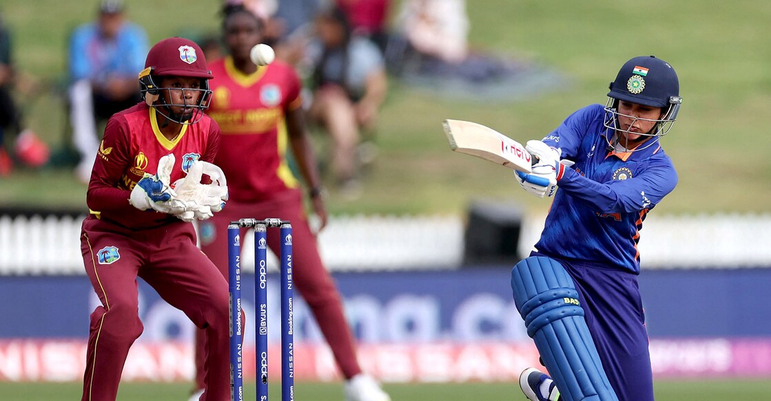 Smrit Mandhana en route to her hundred. Photo: AFP/Marty Melville