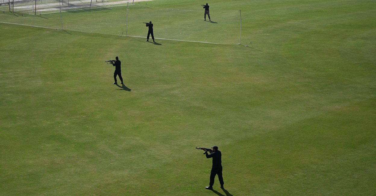 Mock drill Security personnel conduct a security drill before the arrival of Pakistan and Australian teams at the Rawalpindi Cricket Stadium on March 1. File photo: AFP/Aamir Qureshi