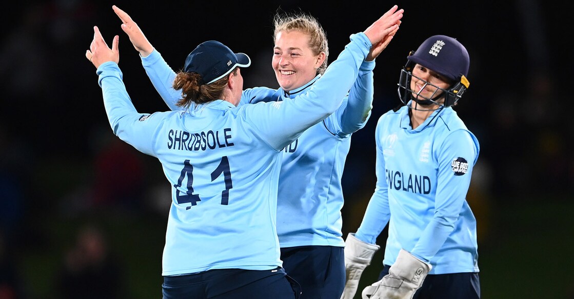 Sophie Ecclestone, centre, celebrates a wicket. Photo: Twitter@ICC