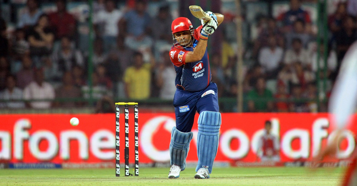 Delhi Daredevils captain Virender Sehwag in action during the IPL 2012 match against Kings XI punjab. File photo:  AFP/Raveendran