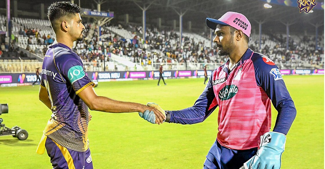 KKR skipper Shreyas Iyer congratulates his Rajasthan Royals conuterpart Sanju Samson after the match. Photo: Twitter@KKRiders