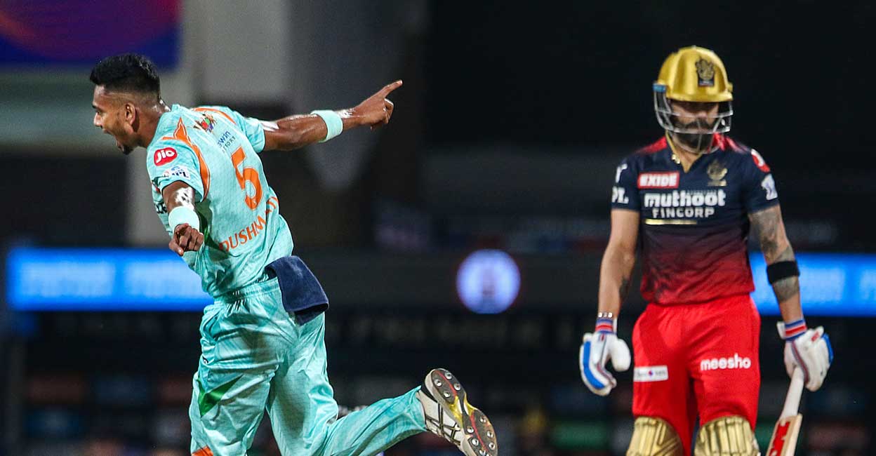 Dushmanta Chameera of Lucknow Super Giants celebrates the wicket of Virat Kohli of Royal Challengers Bangalore. Photo: Sportzpics for IPL/PTI