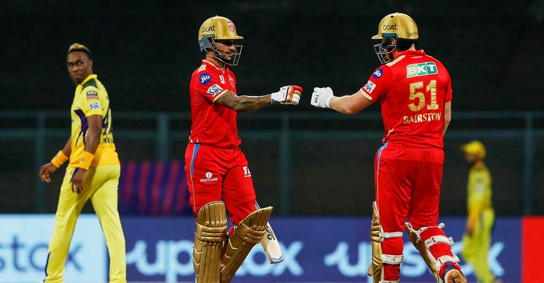Shikhar Dhawan and Jonny Bairstow of Punjab Kings during the Indian Premier League 2022 cricket match between Punjab Kings and Chennai Superkings at the Wankhede stadium, in Mumbai, Monday April 25, 2022. PHOTO: PTI