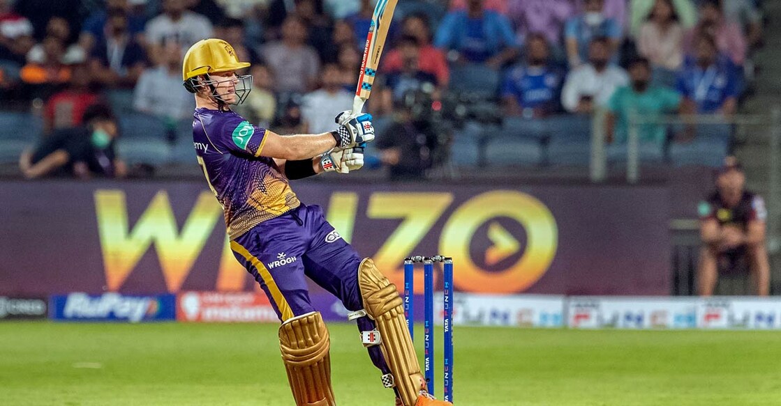 Pat Cummins of Kolkata Knight Riders plays a shot during match 14 of the Indian Premier League 2022 cricket tournament between the Kolkata Knight Riders and the Mumbai Indians, at the MCA International Stadium in Pune, Wednesday, April 6, 2022. PHOTO: PTI