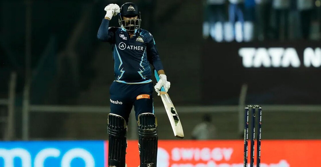 Rahul Tewatia exults after hitting the winning shot. File photo: IANS