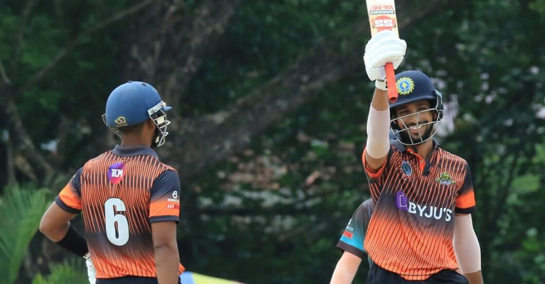Mohammed Azharuddeen celebrates his quick-fire ton. Photo: KCA