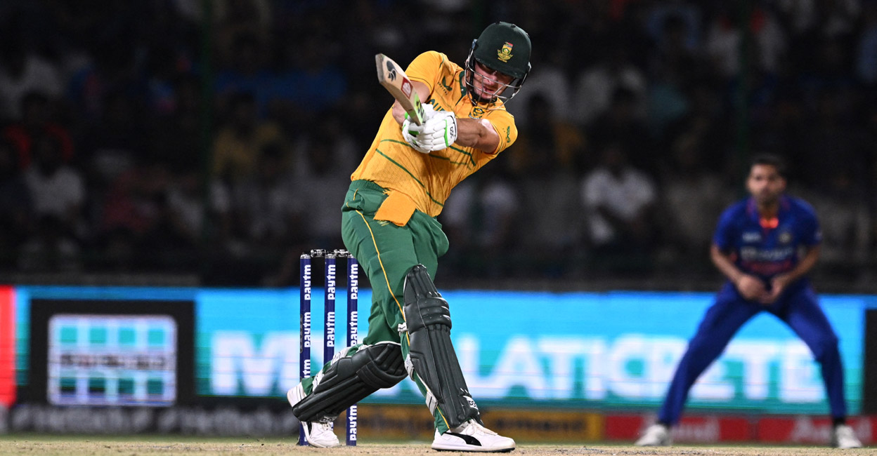 David Miller plays a shot during the first T20I  in New Delhi. Photo: AFP/Jewel Samad