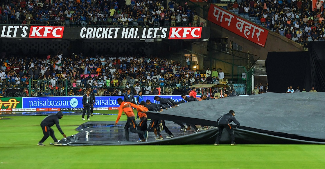 Rain played spoilsport in the fifth and final Twenty20 international between India and South Africa in Bangalore. Photo: AFP/Manjunath Kiran