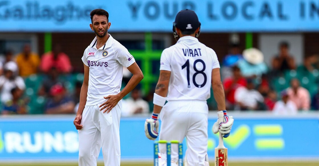 Prasidh Krishna, who bowled for Leicestershire and India's Virat Kohli during the match. Photo: Twitter/ @leicsccc