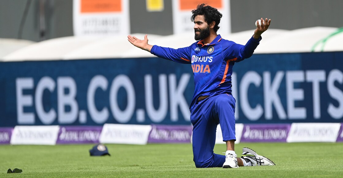 Ravindra Jadeja exults after taking a stunning catch to dismiss Jos Buttler. Photo: Twitter@ICC