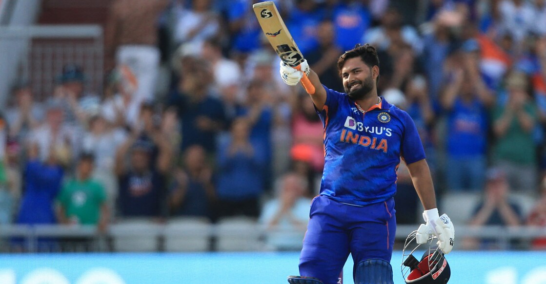Rishabh Pant celebrates his century. File photo: AFP/Lindsey Parnaby