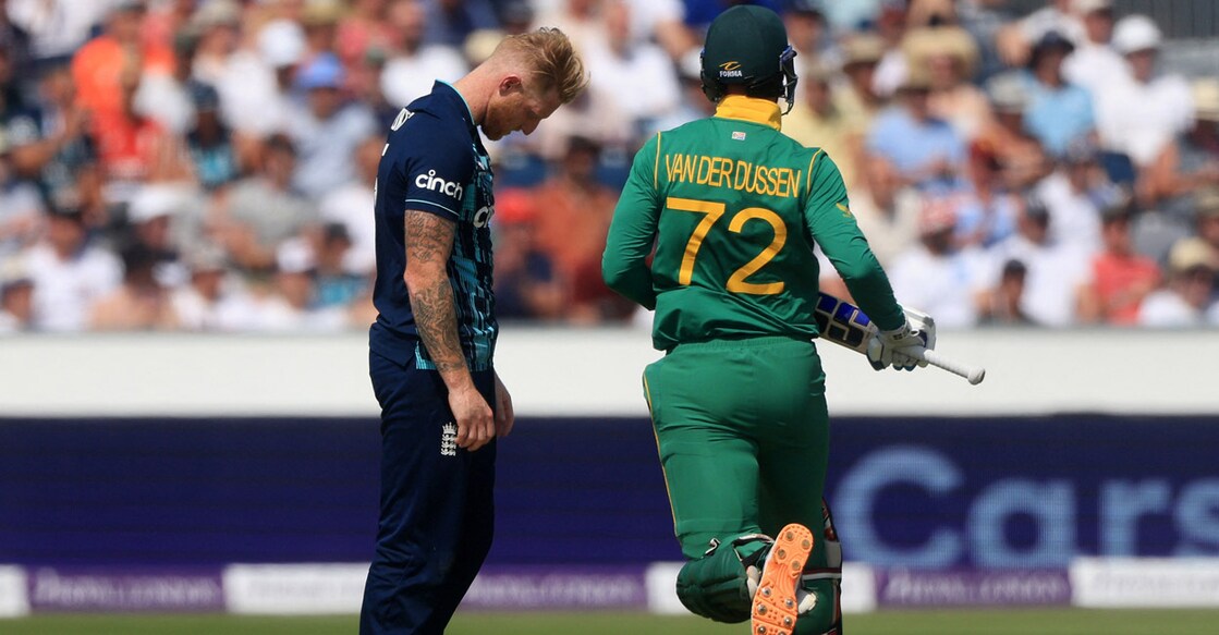 Ben Stokes reacts as South Africa's Rassie van der Dussen picks up a run. Photo: Action Images via Reuters/Lee Smith