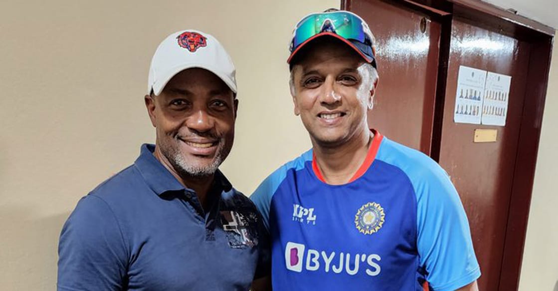 Brian Lara with Indian head coach Rahul Dravid. Photo: Twitter@BCCI