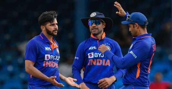 Shardul Thakur celebrates after dismissing Nicholas Pooran for 74. Photo: ICC/Twitter Shardul Thakur celebrates after dismissing Nicholas Pooran for 74. Photo: ICC/Twitter
