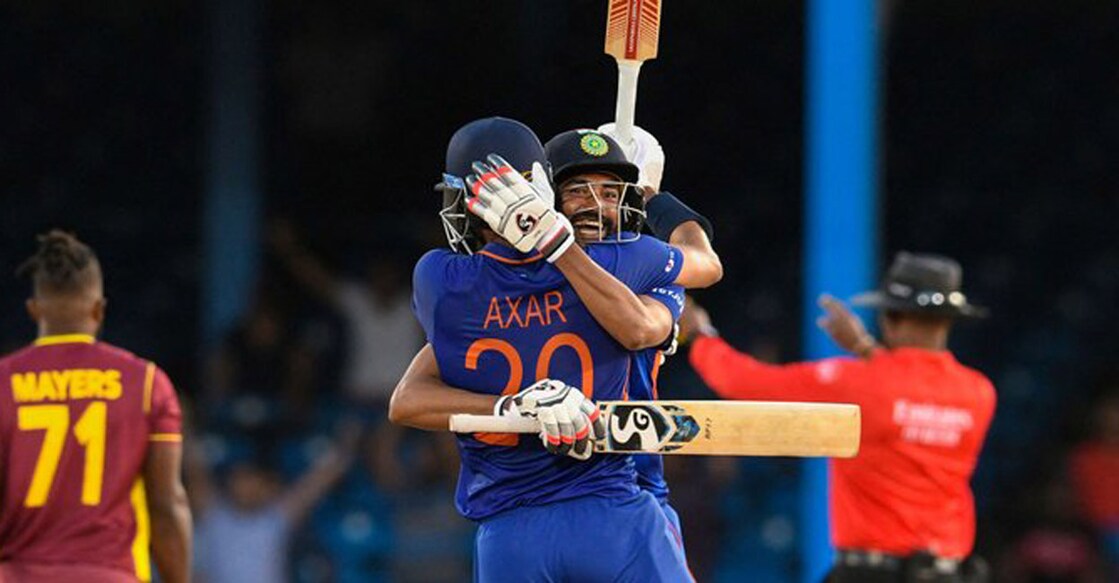 Axar Patel celebrates with Mohammed Siraj after India won the second ODI. Photo: Twitter@ICC
