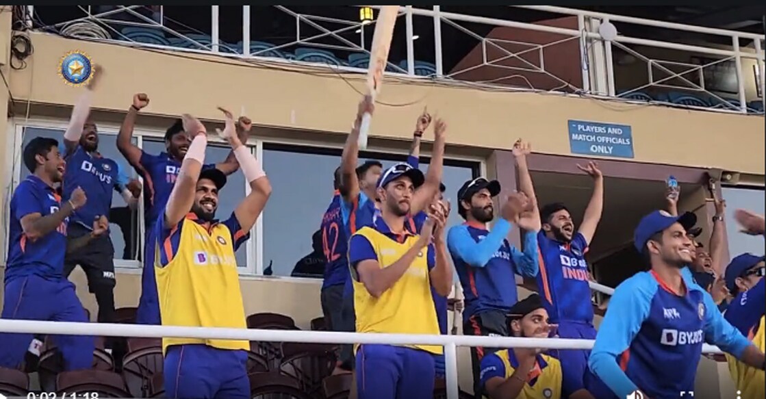 Indian players celebrate the win. Screengrab