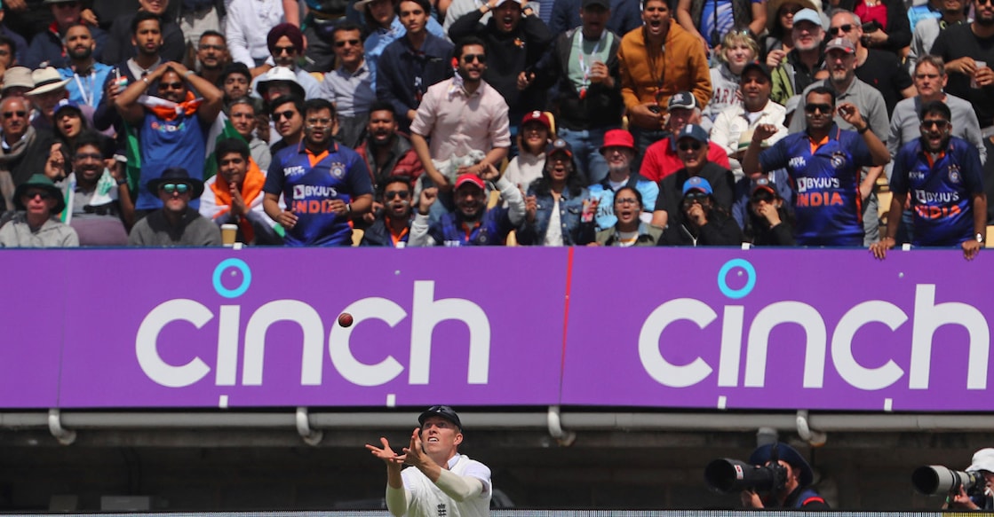 Indian fans react as Zak Crawley takes a catch to dismiss Jasprit Bumrah. Photo: AFP/Geoff Caddick