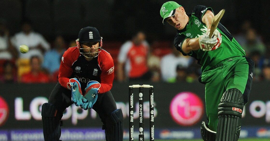 Kevin O'Brien en route to his record-breaking hundred in the 2011 World Cup match against England. File photo: AFP/Dibyangshu Sarkar