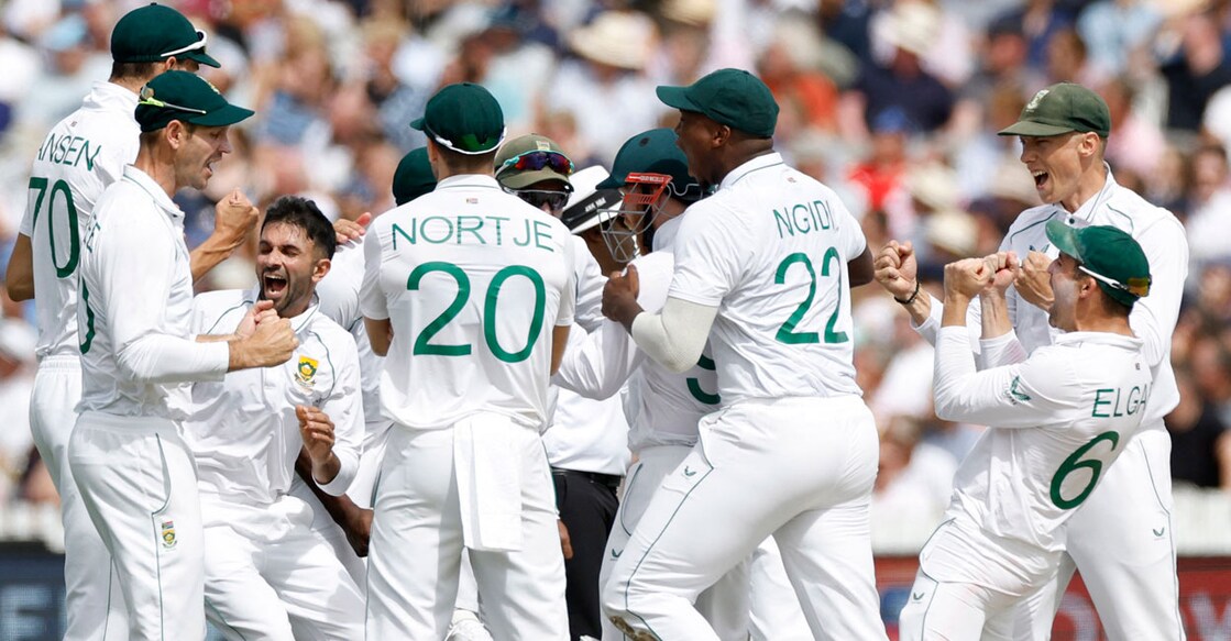 South Africa's Keshav Maharaj celebrates with teammates after taking the wicket of England's Ollie Pope. Photo: Reuters/ Peter Cziborra